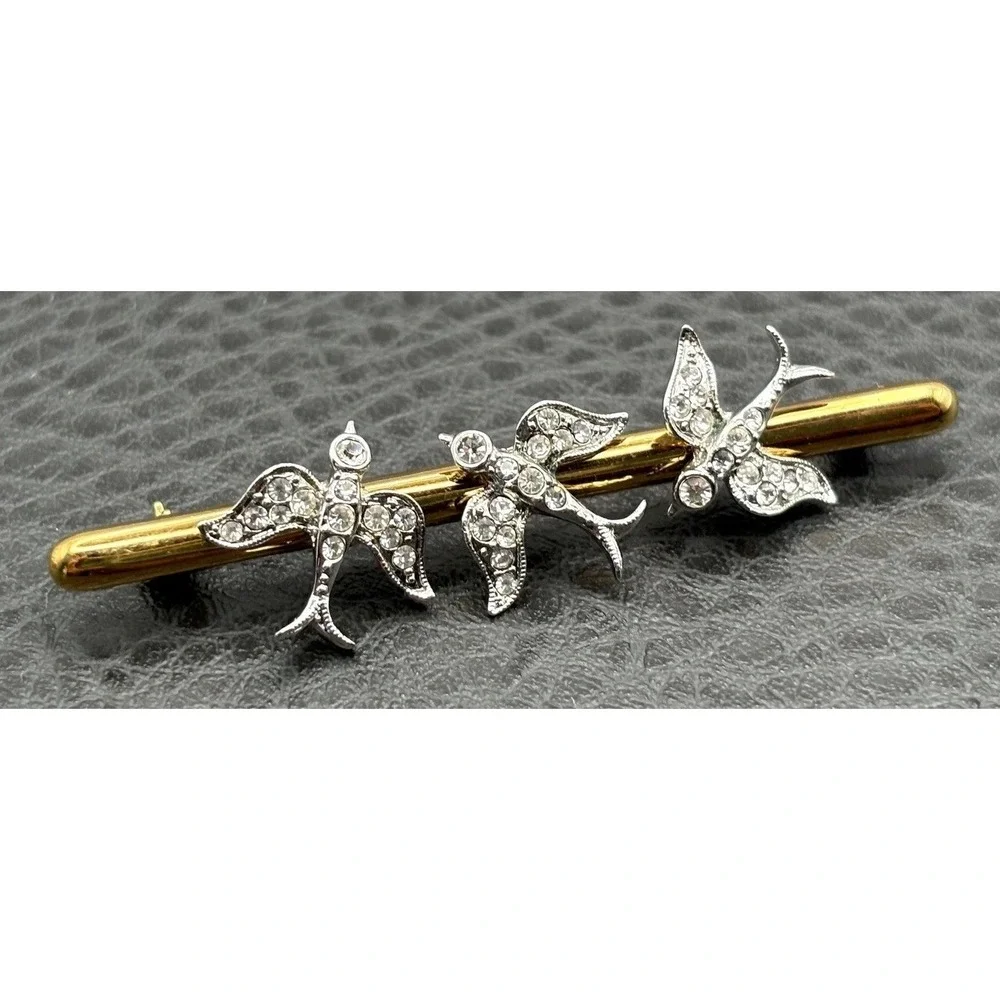 Atwood & Sawyer Victorian Revival Rhinestone Swallow Birds Bar Brooch Gold Tone